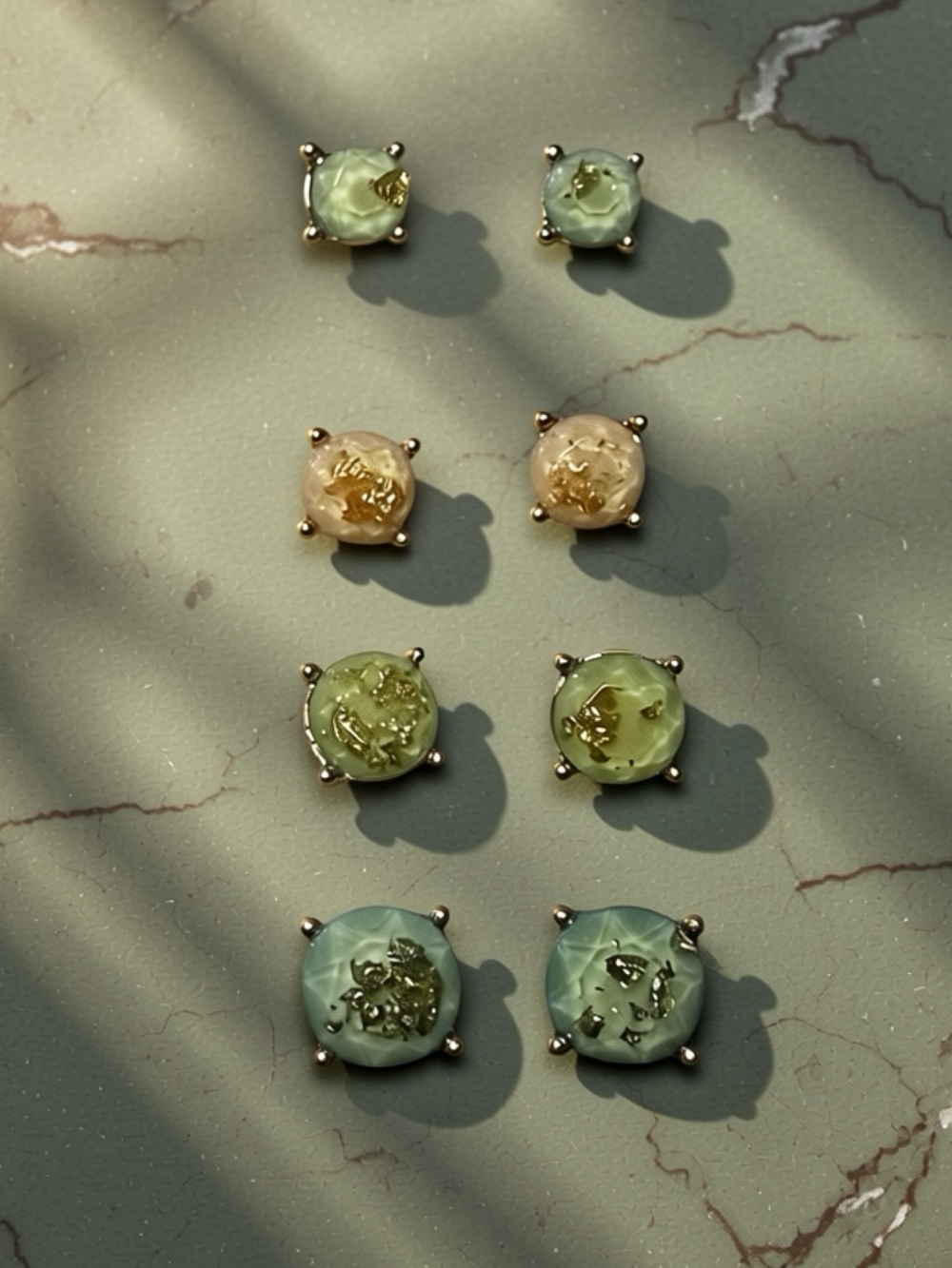 Handcrafted Resin Stud Earrings in Green and Cream - Delicate Gold Accent